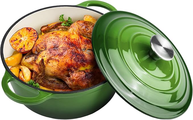 3 Quart Dutch Oven Enameled Cast Iron with Lid - Big Dual Handles - Oven Safe up to 500°F - Classic Round Pot for Versatile Cooking Green