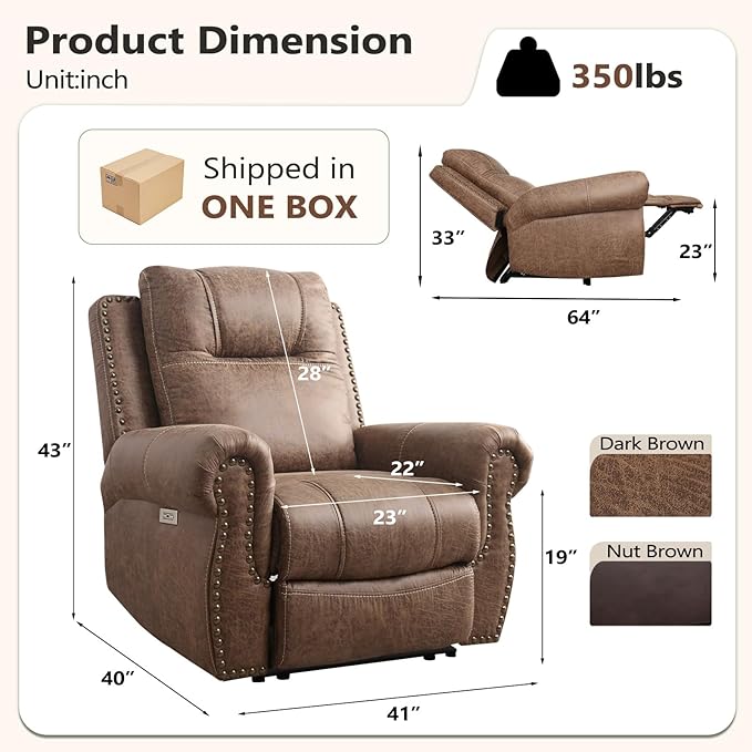 ANJ Electric Power Recliner Chair with USB Ports, Set of 2, Breathable Faux Leather Oversized Recliner with Comfortable Arms, Back and Headrest, Single Sofa for Living Room, Nut Brown