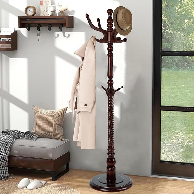 Coat Racks Freestanding, Natural Wood Coat Stands with 11 Hooks, 75" Heavy Duty Adjustable Height Vintage Hall Tree for Entryway, Bedroom, Office, Easy Assembly (Dark Brown)