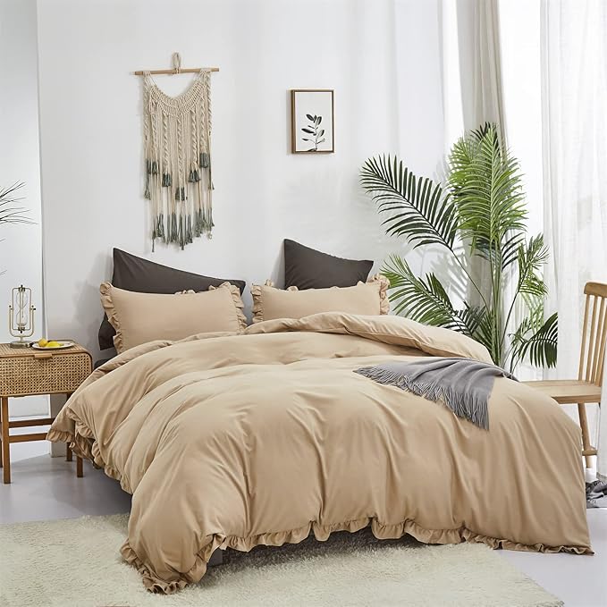Luxlovery Champagne Ruffle Comforter Set Twin Light Khaki Bedding Comforter Farmhouse Shabby Beige Friange Quilts Blanket Soft Breathable Vintage Rustic Bedding Comforter Set for Women Men