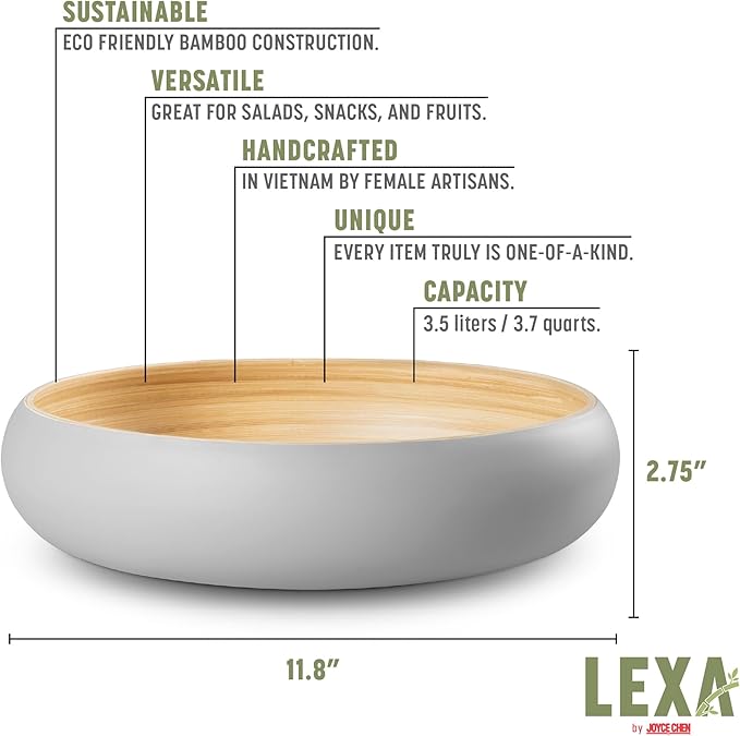 LEXA Bamboo Fruit Bowl for Kitchen Counter, 12 Inch Large & Round, Artisan Lacquered Wooden Fruit Bowl or Candy Bowl, Handcrafted Bamboo Fruit Basket for Kitchen & Home Decor (Gray)