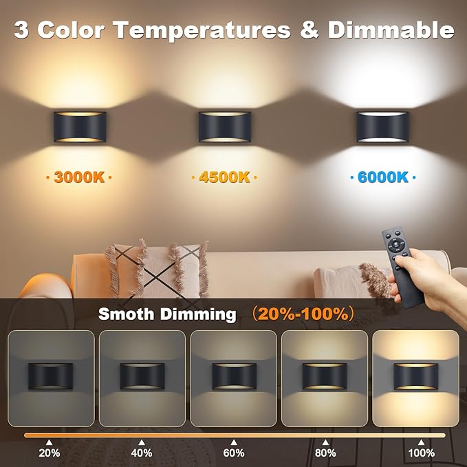 2 Pack Battery Operated Wall Sconce with Remote Control,No Hardwired Black Aluminum Wall Sconces,50W Equivalent Battery Wall Light,3000K-6500K Dimmable Wall Sconces