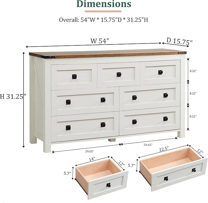 RedLemon Farmhouse 7 Drawer Dresser for Bedroom, 54 Inch Wide Rustic Wood Dresser TV Stand, Dresser Chest of Drawers for Closet, Living Room, Hallway, Antique White