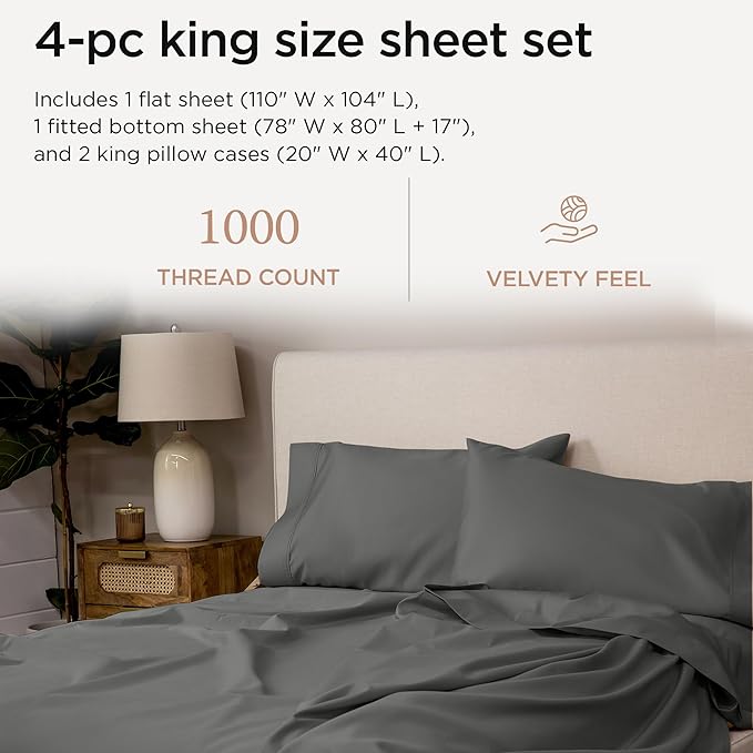 Threadmill Supima Cotton Sheets, 1000 Thread Count King Size, 4 Pc Luxury Bed Sheets Set, Hotel Quality Sateen Weave, Dark Grey with Elasticized Deep Pocket