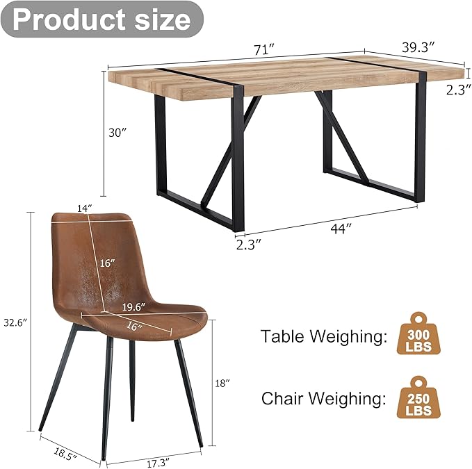 Dining Table Chairs Set for 6, Modern Rectangular Dining Room Table Set Upholstered Dining Chairs 71" Dinner Table Set for Kitchen (Brown Table & Brown2 Chairs, 71 Inch Table + 6 Chairs)