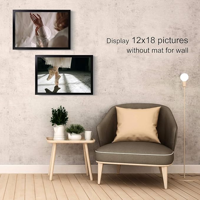 Egofine 12x18 Solid Wood Picture Frame, Made of Solid Wood Covered by Plexiglass 8.5x11 with Mat 12x18 without Mat, Poster Frame for Wall Mounting Hanging Photo Frame Vertically or Horizontally, Black