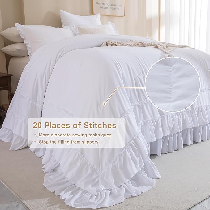 QSH White Oversized California King Ruffle Bed Comforter Set 128x120, Farmhouse Shabby Vintage Ruffled Comforter French Country Rustic Bedding Comforter Microfiber Fluffy Soft Bedding 3 PCs
