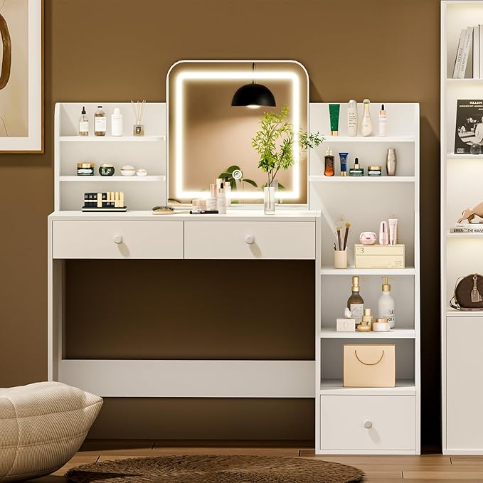 White Makeup Vanity Desk with Square LED Mirror & 6 Open Shelves - 3-Color Adjustable Lighting, 3 Drawers + Right-Side Sloped Design, Dressing Table for Bedroom, Women, Teens