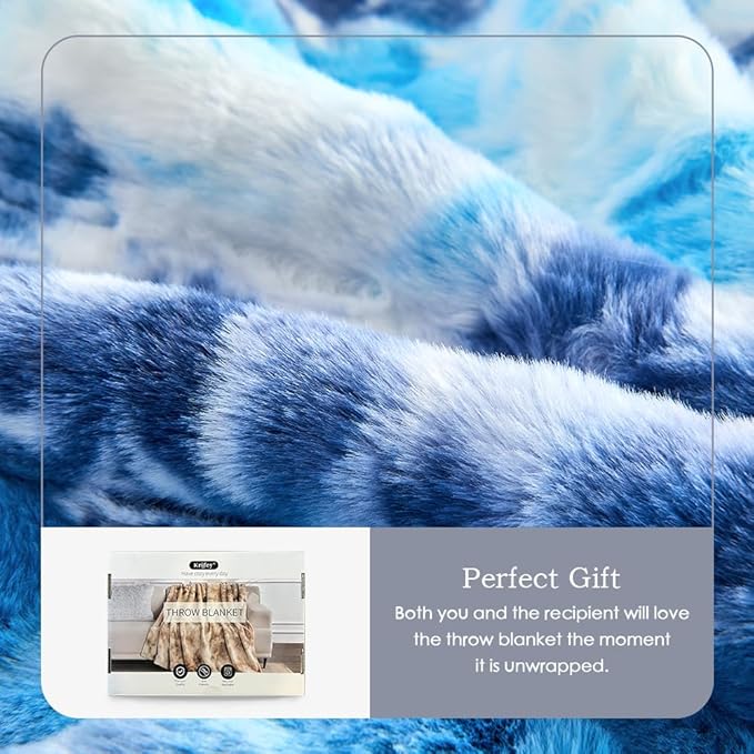 Krifey Oversized Blue Faux Fur Blanket, Super Soft Cozy Blanket, Luxury Fluffy Throw Blanket Fuzzy Bed Throw Tie Dye Blue 60" x 80"