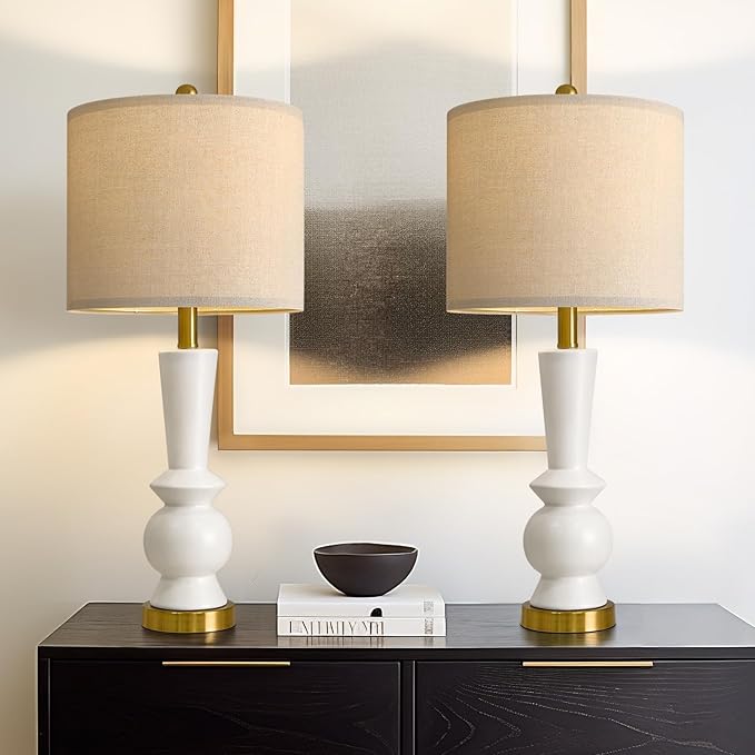 PORTRES 27" Modern Ceramic Table Lamp Set of 2 for Living Room White & Gold Bedside Lamps for Bedroom Nightstand Lamp Tall End Table Lamps
