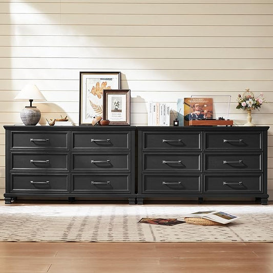 Farmhouse Wood 6 Drawer Dresser Set of 2, 54 inch Wide Large Vintage Chest of Drawers for Bedroom, Rustic Dressers TV Stand with Square Solid Wooden Legs for Living Room, Hallway, Black