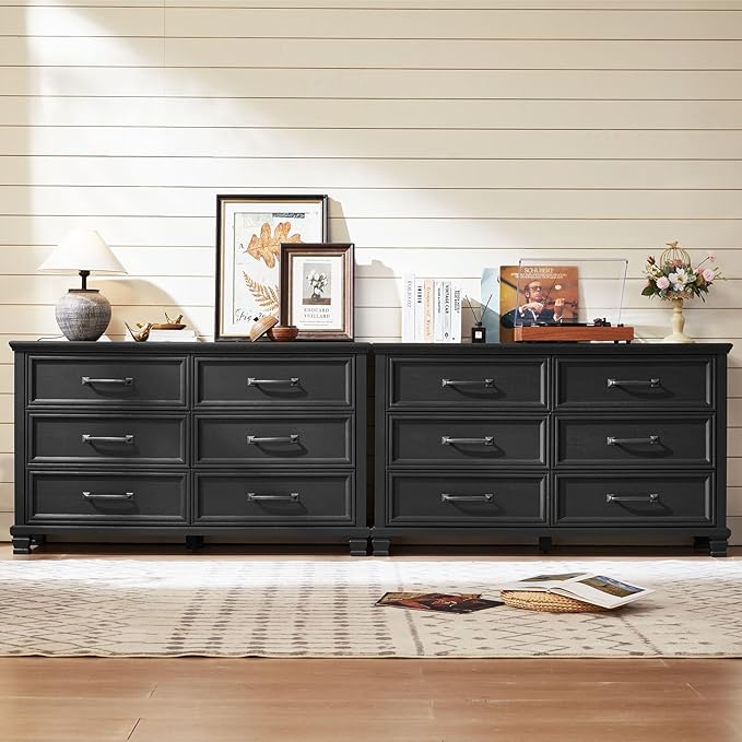 Farmhouse Black Bedroom Sets of 4, Includes 6 Drawer Large Dresser, Low 2 Drawers Night Stand with Charging Station, Small 5 Chest of Drawers, Wood Rustic Dresser & Nightstand Set for Home