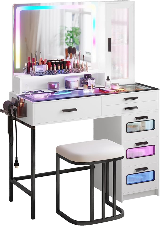 HENBC Vanity with Mirror and LED Lights, Glass Top Vanity Desk with Charging Station(Wireless+USB+Type-C), RGB Makeup Table Set with Stool/Makeup Organizer/6 Drawers for Bedroom,White