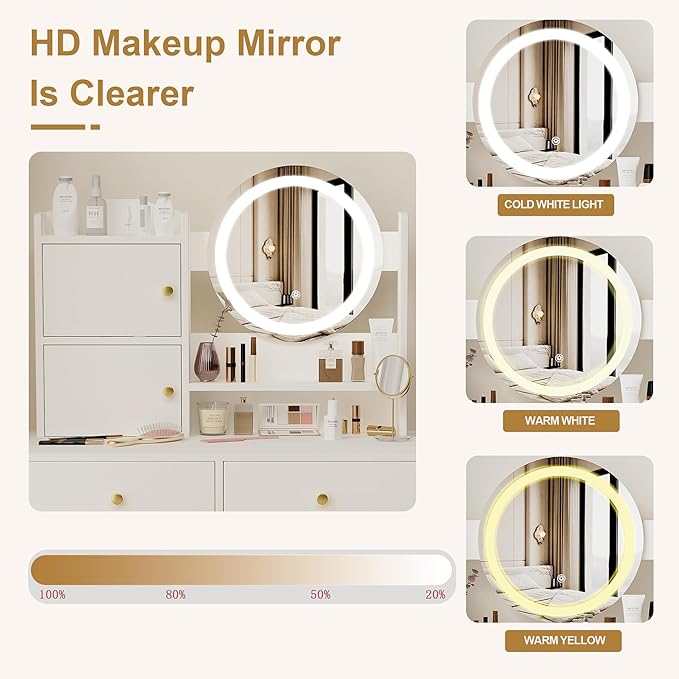 Makeup Vanity Desk with Mirror & LED Lights, Cushioned Chair, Vanity Table Set for Bedroom with 5 Storage Drawers, Stylish Dressing Table with 3 Color Lighting for Girls & Makeup Enthusiasts