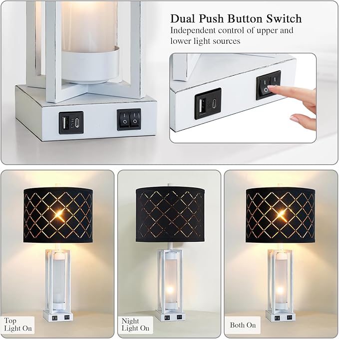 RORIANO 25" Set of 2 Farmhouse Table Lamps with USB C+A Ports, Rustic Retro Nightstand Lamps with White Night Light, Black Grid Shade, Desk Lamps for Bedroom Bedside, 4 Bulbs Included
