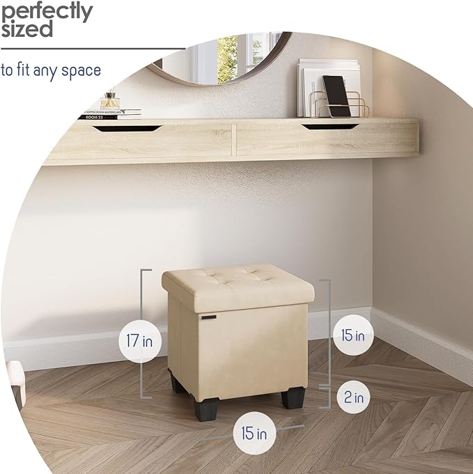 STORAGEBUD Storage Ottoman Cube with Small Bin, 15-in Square Ottoman with Storage for Living Room and Bedroom, Small Ottomans Foot Rest, Velvet Foot Stools Ottomans Max 330lbs, Beige