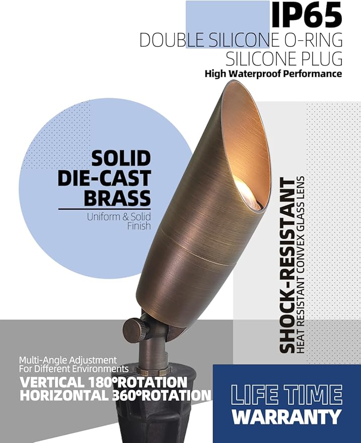 MALORY Solid Brass Landscape Spotlight 1-Pack Without Bulb(S06),Low Voltage Outdoor Front and Backyard Lights with Large Rugged Slot Spike,12V AC/DC Garden Patio Spot Up Light