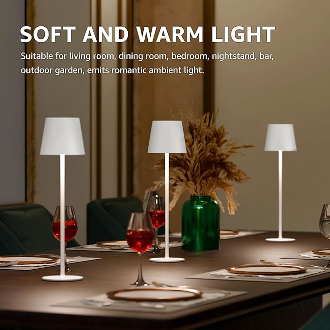 uuffoo 2 Pack Rechargeable Table Lamp Battery Operated Cordless Table Lamps with 3 Colors Stepless Dimming, Desk Night Light for Restaurant, Patio, Bedroom, Bar (White)