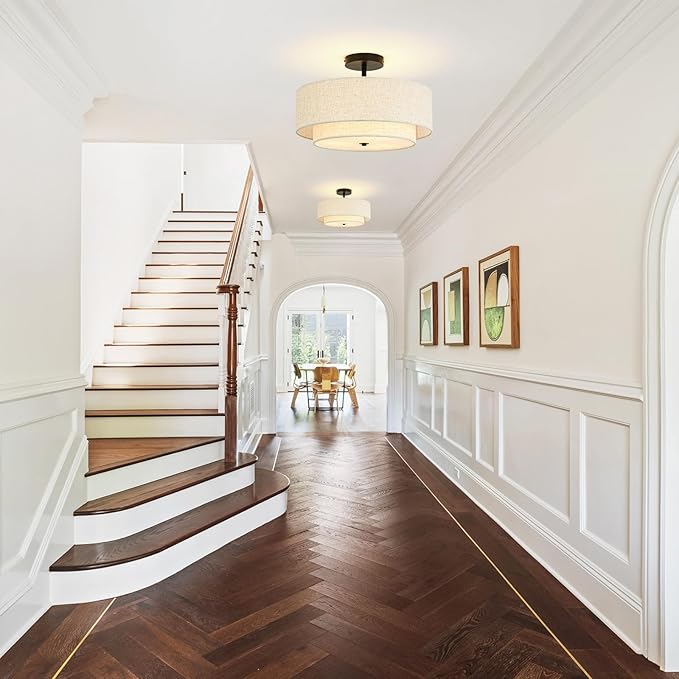 16" Semi Flush Mount Ceiling Light, 3-Light Drum Ceiling Light Fixture with 2-Tier Fabric Linen Shade, Farmhouse Chandelier for Dining Room, Living Room, Bedroom, Kitchen, Hallway, Entryway