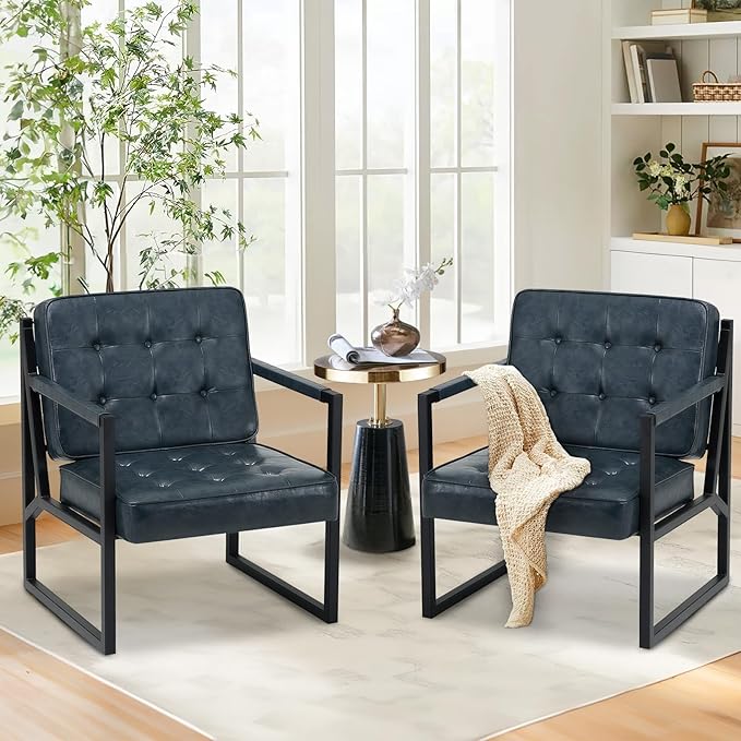 COLAMY Accent Chairs Set of 2, Modern Accent Arm Chairs for Living Room, Comfy Leather Armchairs with Metal Legs for Bedroom Reception Room, Blue