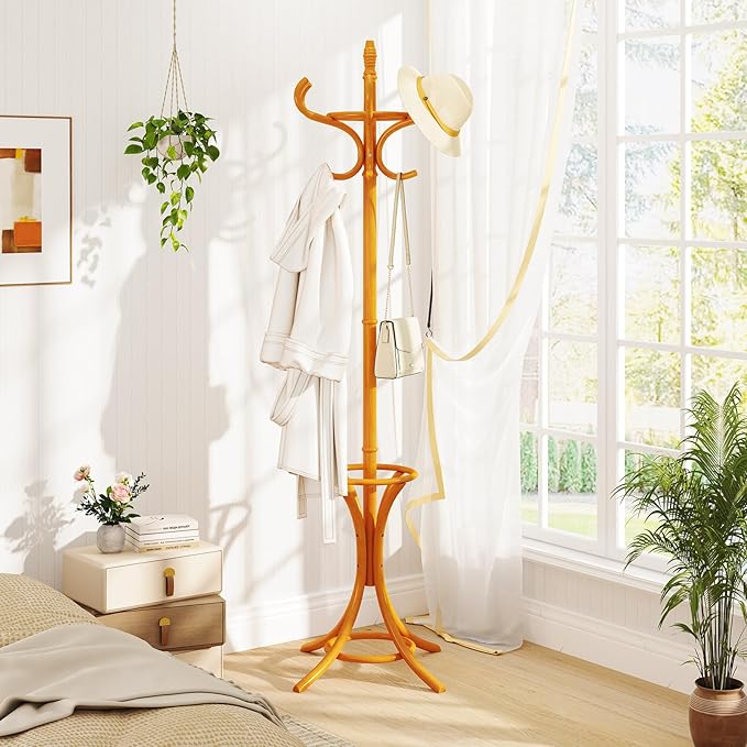 Tangkula Coat Rack with Umbrella Holder, 73 Inch Freestanding Coat Hanger Stand with 12 Hooks, Wooden Entryway Coat Tree for Clothes, Bags, Hats, Scarves, Living Room, Bedroom, Hallway (Natural)