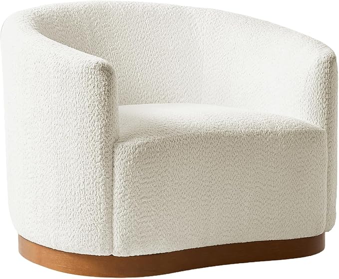 HULALA HOME Chenille Swivel Accent Chair, Fully Assembled, Comfy Upholstery Barrel Armchair with Sturdy Solid Wood Base, Ivory
