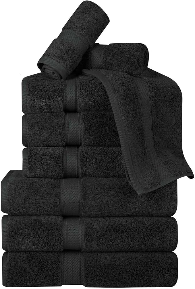 SUPERIOR Egyptian Cotton Pile 9 Piece Towel Set, Includes 3 Bath, 3 Hand, 3 Face Towels/Washcloths, Ultra Soft Luxury Towels, Thick Plush Essentials, Guest Bath, Spa, Hotel Bathroom, Black
