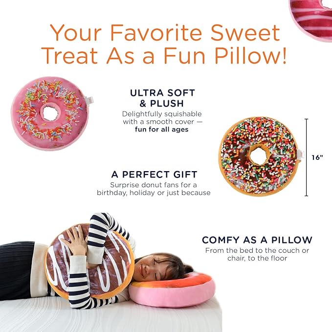 Cheer Collection Round Donut Pillow | 2-in-1 Reversible Super Soft Microplush Doughnut Pillow - Chocolate Glaze, Rainbow Sprinkles