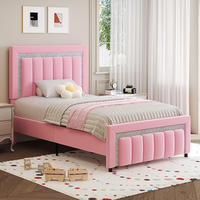 HOMBCK Twin Size Bed Frame with Headboard, Velvet Upholstered Platform Bed with Wooden Slats Support, Mattress Foundation, Twin Bed Frames for Girls, No Box Spring Needed, Easy Assembly, Pink