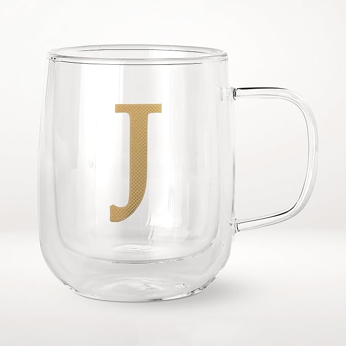 COLLECTIVE HOME - Double Walled Glass Coffee Mugs, Insulated Coffee Mug with Handle, Personalized Gifts for Women, Men, Christmas, 14 oz Monogram Cups (J)