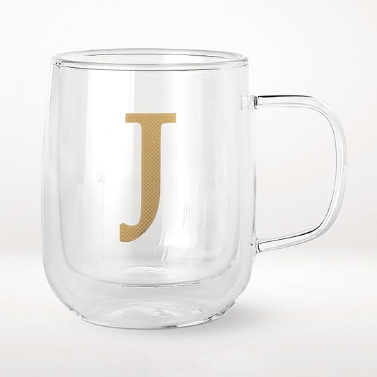 COLLECTIVE HOME - Double Walled Glass Coffee Mugs, Insulated Coffee Mug with Handle, Personalized Gifts for Women, Men, Christmas, 14 oz Monogram Cups (J)