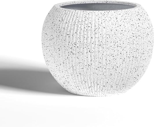 DTY Signature Mount Sherman Modern Indoor Outdoor Fiberstone Sphere Planter, Durable Round Garden Pot, Weather Resistant, Drainage Hole & Rubber Plug,Planter for Christmas Tree (Ribbed White, Small)