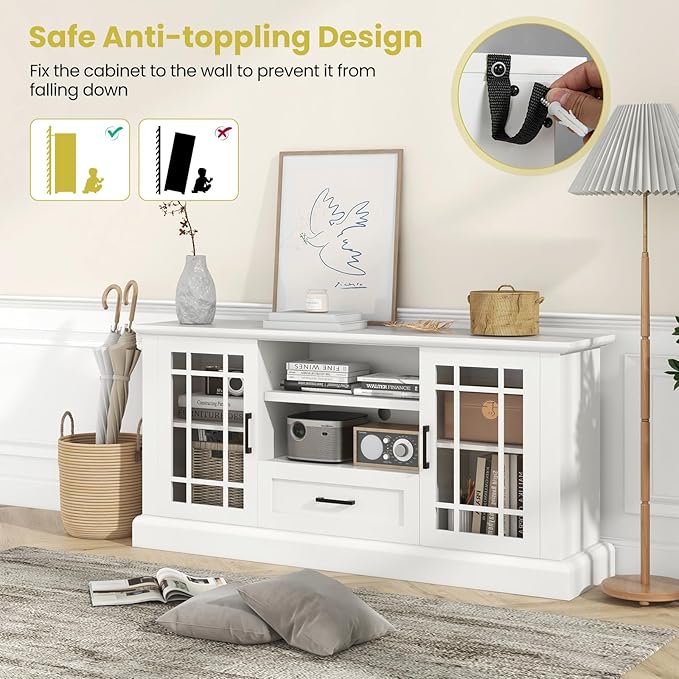 Tangkula Farmhouse TV Stand for TV up to 70 Inch, Tall Media Console Table with 2 Glass Doors, Entertainment Center with Cubbies & Drawer, Storage Cabinet or Sideboard Buffet for Living Room (White)
