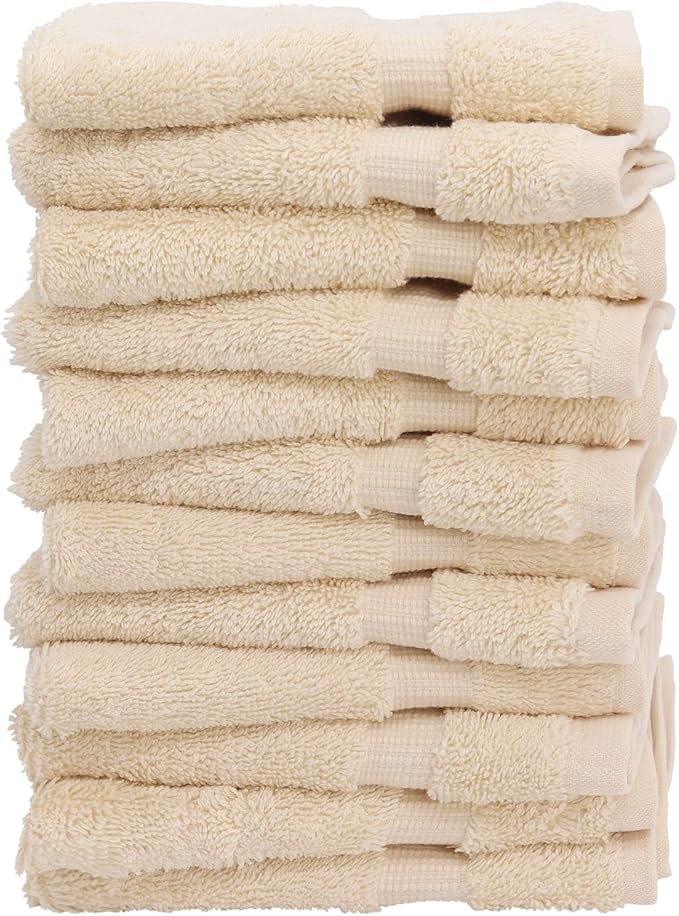 Luxury Hotel & Spa Towel 100% Genuine Turkish Cotton Wash Cloths - Beige - Dobby Border - Set of 12