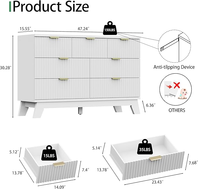 Fluted Dresser for Bedroom with 7 Drawers, 48" Wide Modern Chest of Drawers with Metal Handle, Wooden Dresser TV Stand, Wood Closet Clothes Storage Organizer for Living Room, Hallway, White