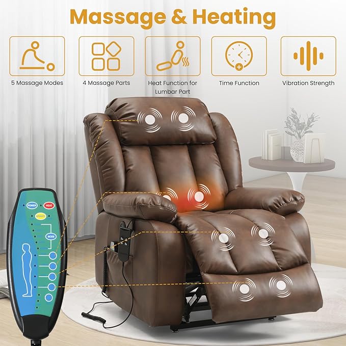 PARKOL Large Breathing Leather Infinite Position Power Lay Flat Lift Recliner Chairs for Elderly, Dual Motor with Massage and Heating,Extended Footrest,USB & Type-C Port and Remote Ochre