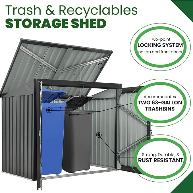 Hanover Outdoor Storage Shed for Trash and Recyclables, Pent Roof, Galvanized Steel, 2-Point Locking System, Stores 2 Trash Cans, 3.3-Ft. x 5.2-Ft. x 4.4-Ft., Dark Gray Trash Can Storage