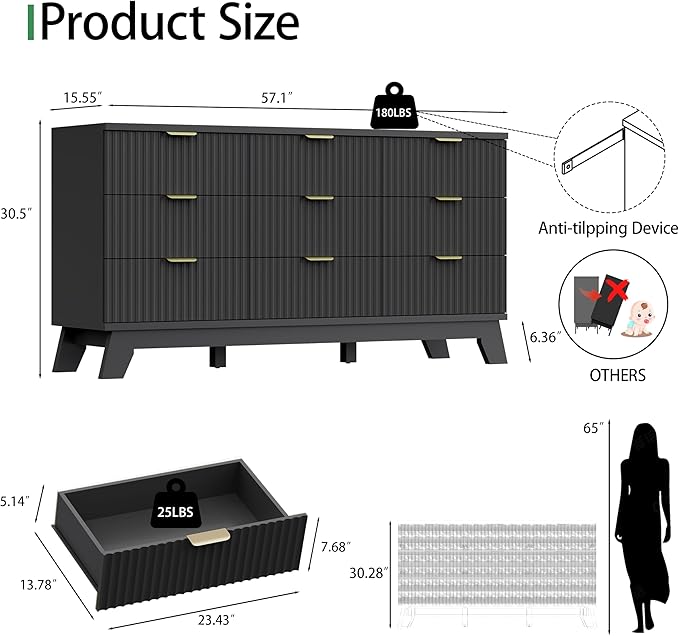 Fluted Dresser for Bedroom with 9 Drawers, 57" Wide Chest of Drawers with Metal Handle, Modern Wood Dresser TV Stand, Wooden Closet Clothes Storage Organizer for Living Room, Hallway, Black