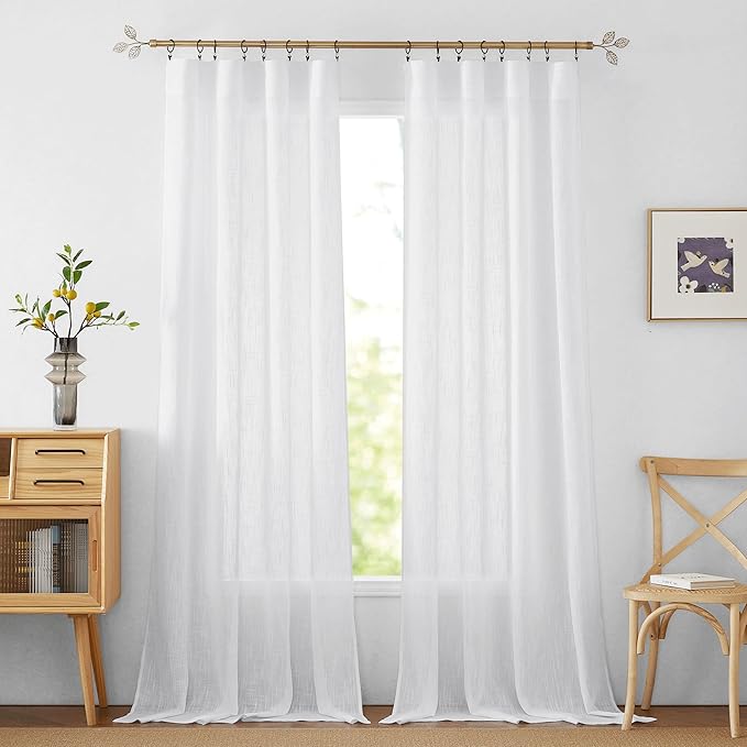 RYB HOME White Sheer Curtains, Extra 66 inches Widith Rod Pocket Light Filtering Breathable Semi Sheer Curtains for Living Room, W 66 x L 95 inches, 2 Panels Set