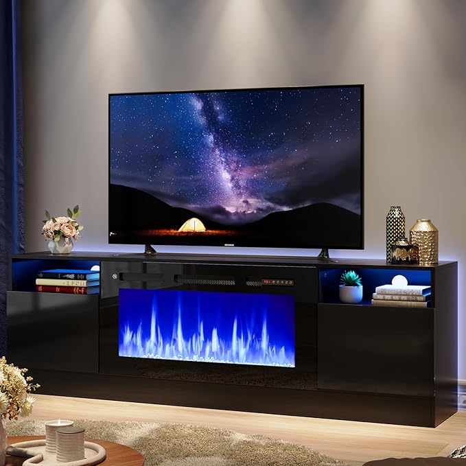 oneinmil 70” TV Stand with 36” Electric Fireplace, Large Modern Media Entertainment Center with Storage Cabinet and 12 Colors LED Lights for TVs Up to 80", Black TV Stand and Black Fireplace