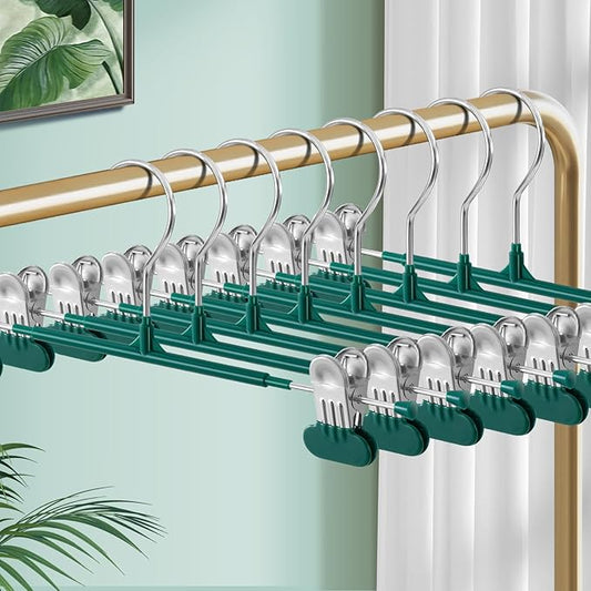 Clothes Pants Hangers with Wide Clips 10 Pack,Non-Slip Adjustable Skirt Hanger for Women,Space-Saving Heavy Duty Men Hangers for Pants,Trousers,Jeans,Shorts 12Inch Green