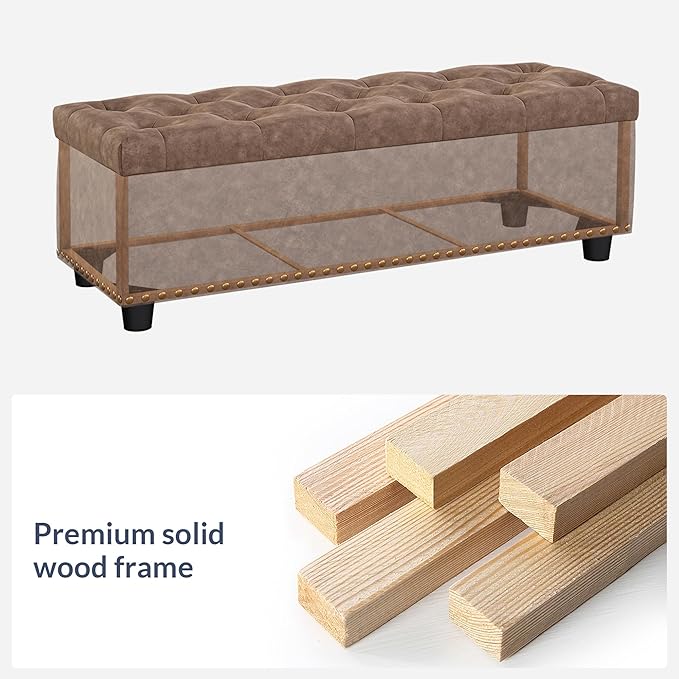 BELLEZE 47" Storage Ottoman, Storage Bench with Safety Close Hinge, Faux Leather Button-Tufted Ottoman for Living Room, Entryway, Hallway, Foot Rest, Support 300lbs - Rustic Brown