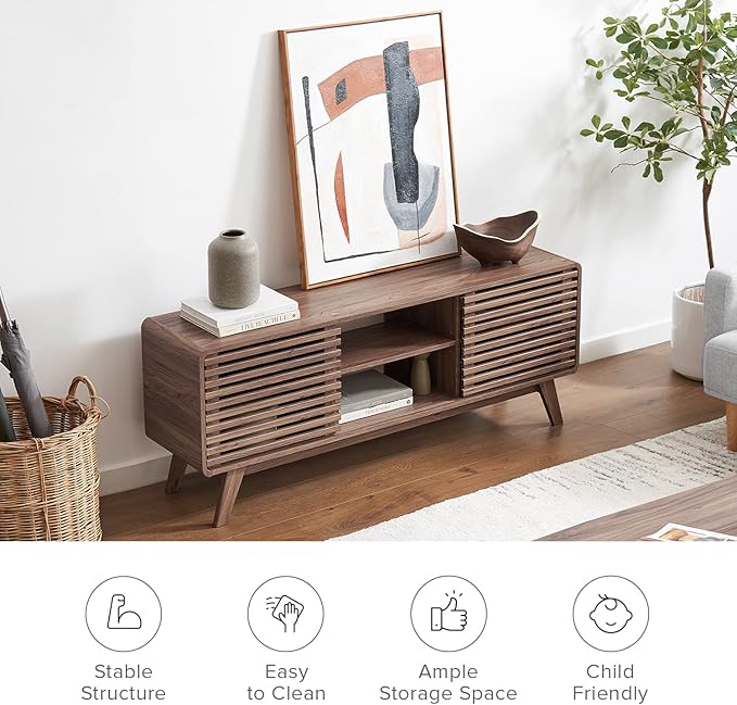 mopio Ensley TV Stand, Mid Century Modern for 55/60/65 inch TV, Farmhouse TV Stand, Entertainment Center with Storage, TV and Media Console for Living Room (Walnut, 59" Tall)