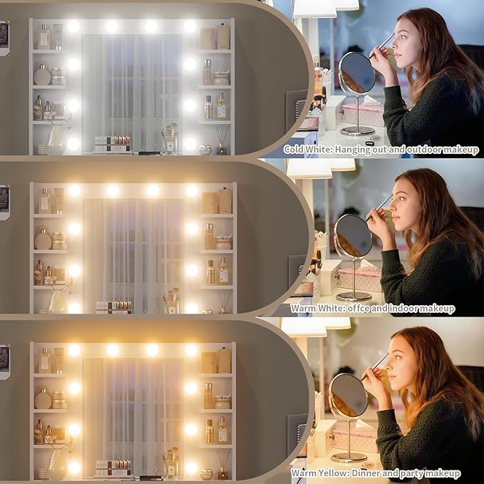 Vanity Desk with Mirror and Lights, 37" Makeup Vanity Desk with Lights 3 Colors, Glass Top Vanity with 5 RGB Drawers, 6 Shelves, Power Outlet, Chair, Dressing Table for Bedroom, White