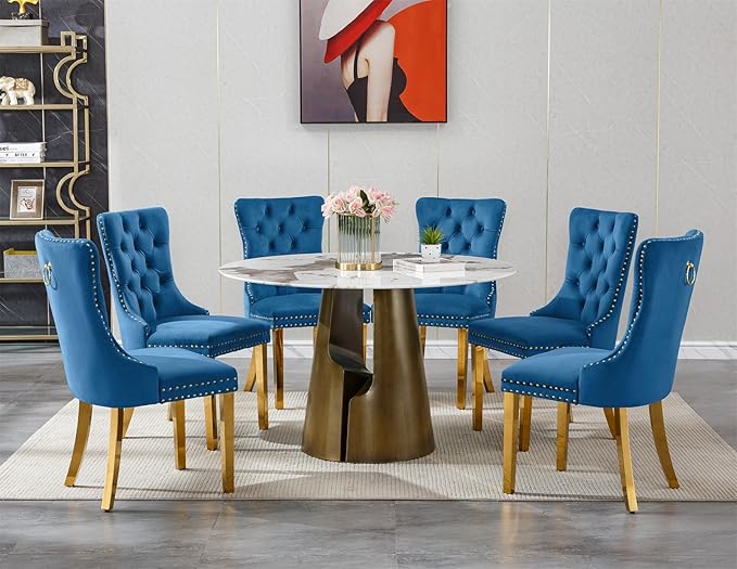 7-Piece Faux Marble Round Dining Table Set for 6, Modern Luxury Kitchen Table Set for 6 with Blue Tufted Chairs,Circle Dining Tables with Pandora Grain Top and Bronze Pedestal Base