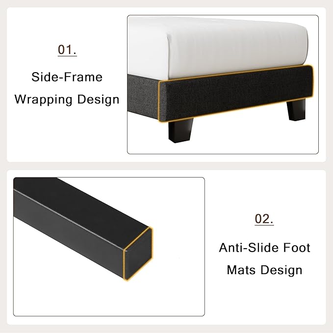 Twin Upholstered Bed Frame with Headboard, Button Tufted Linen Bed Base, Platform Bed with Wood Slat, Heavy Duty, Easy Assembly, No Box Spring Needed, Dark Gray