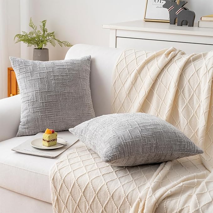 Decorative Throw Pillow Covers 18x18 Inch Set of 2, Soft Solid Farmhouse Chenille Couch Pillows, Spring Pillow Covers for Couch Sofa Bed Living Room Home Decor Pillowcase, Light Gray