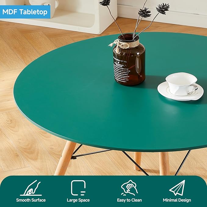 Round Dining Table Set for 4 35.5" Wood Dinner Table Circle Dining Table Kitchen Table Chairs Set of 4 with Wood Strip Base for Kitchen Living Room Space Saving Apartment(Green)