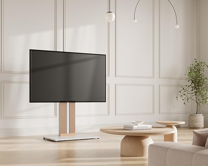 FITUEYES Design Wood TV Stand Swivel Mount with Hidden Back Storage for 55-88 inch TV Screens, Scandinavian Style Tall Floor TV Stand for Home Decor with Reinforced Base, Zen Series, White