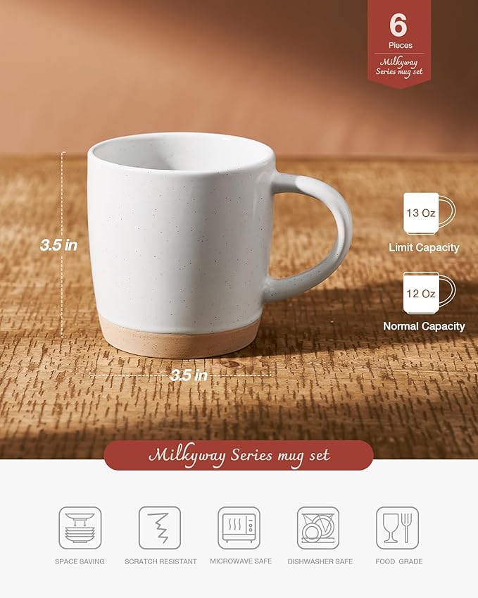 famiware Coffee Mugs for 6, 13 oz Mug Set, Dringking Cup with Handle for Coffee, Tea, Cocoa, Milk, Milkyway serise, White